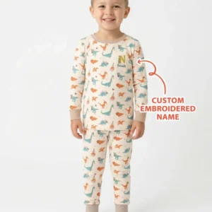 Custom Embroidered Name Dinosaurs Bamboo Two Piece Long Sleeve Pajama Set