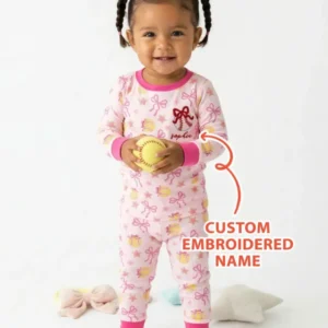 Custom Embroidered Softball Bow Baby Bamboo Two Piece Long Sleeve Pajama Set