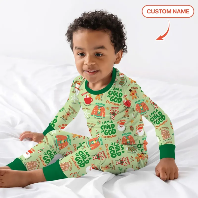 Merry Christmas I Am A Child Of God Custom Name Two Piece Long Sleeve Pajama Set (Green) , Merry Christmas I Am A Child Of God Custom Name Two Piece Long Sleeve Pajama Set (Green) - 12-18M