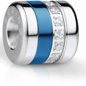 Edelstahl-Charm mit blauem Emaillebande und Pavé-Steinen am Rand