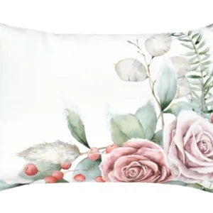 Weisse Kissenhuelle ca. 25x35 cm – Winterdeko mit gefrostetem Rosen-Bukett in mauve – 100% Baumwolle – Aus der beties Magie des Winters "Frost-Rose-Bukett" Kollektion.