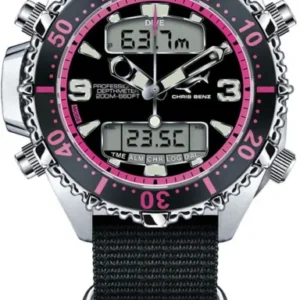 Damenuhr mit schwarzem Stoffarmband, pinker Lünette und silbernem Gehäuse