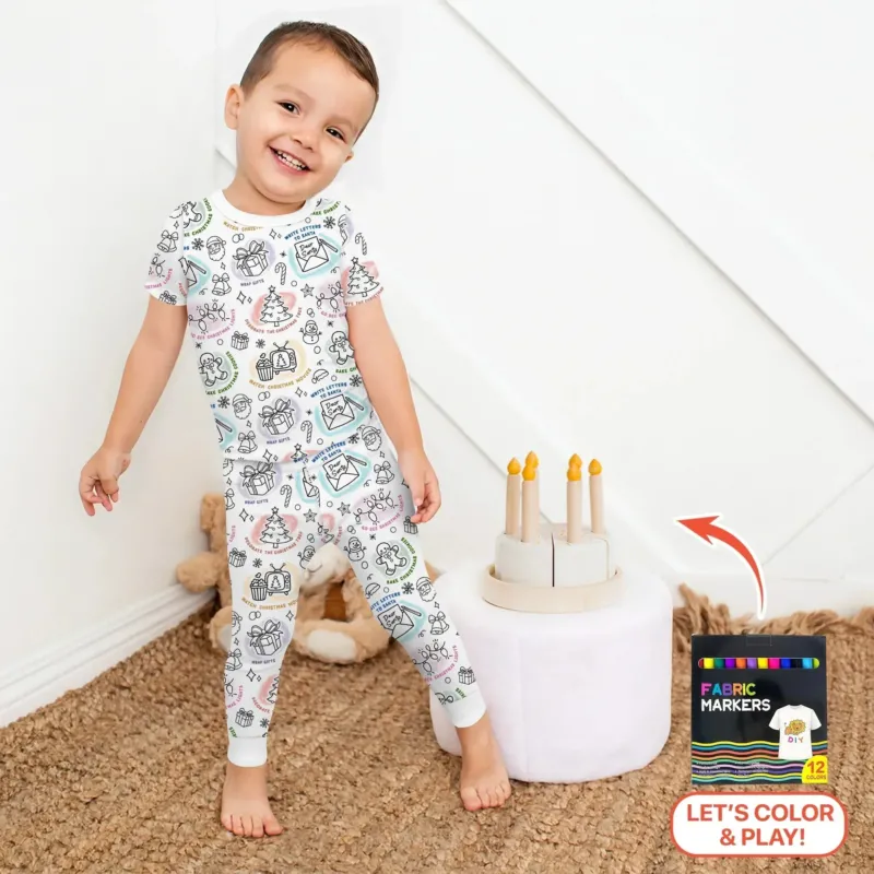 Christmas Activities Colorable Two Piece Short Sleeve Pajama Set , Christmas Activities Colorable Two Piece Short Sleeve Pajama Set - 12-18M