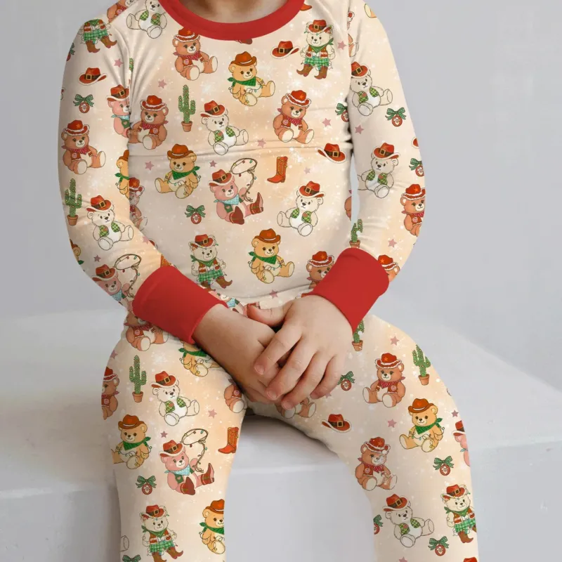 Christmas Cowboy Teddy Two Piece Long Sleeve Pajama Set , Christmas Cowboy Teddy Two Piece Long Sleeve Pajama Set - 12-18M