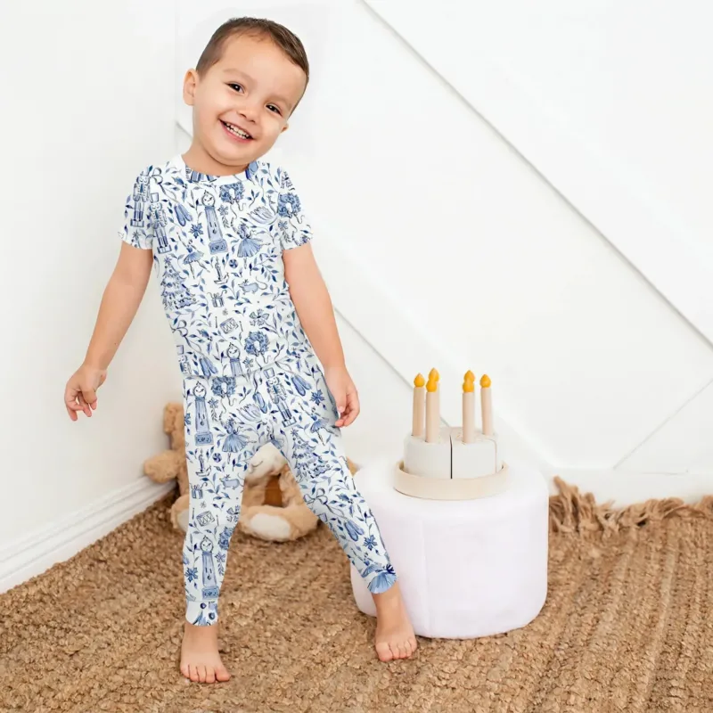Christmas Nutcracker Toile Two Piece Short Sleeve Pajama Set , Christmas Nutcracker Toile Two Piece Short Sleeve Pajama Set - 12-18M / Blue
