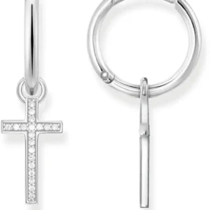 Kreolen aus 925 Sterlingsilber mit Kreuz-Anhänger, besetzt mit kleinen Steinen, geschlossener Bügel