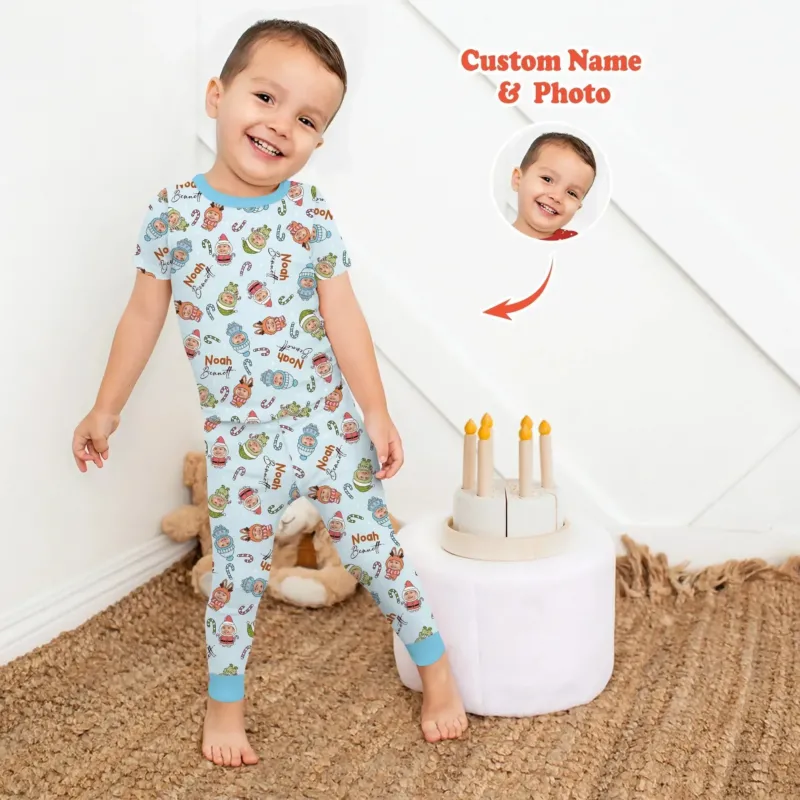 Custom Baby Photo Christmas BearTwo Piece Short Sleeve Pajama Set , Custom Baby Photo Christmas BearTwo Piece Short Sleeve Pajama Set - 12-18M