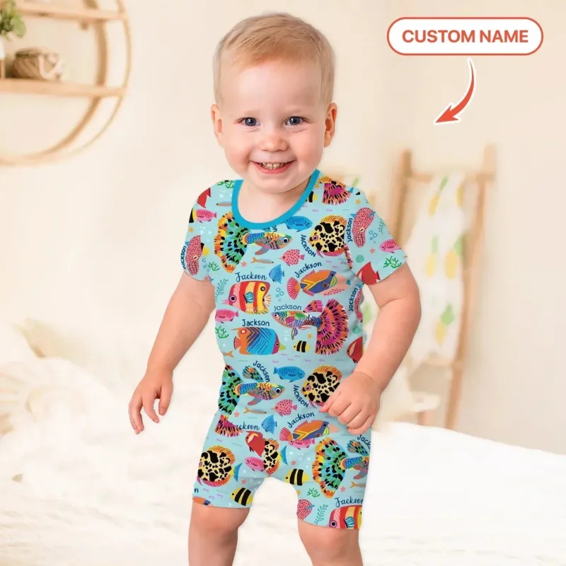 Custom Name Fish Dream Two Piece Short Sleeve Shorts Pajama Set , Custom Name Fish Dream Two Piece Short Sleeve Shorts Pajama Set - 12-18M