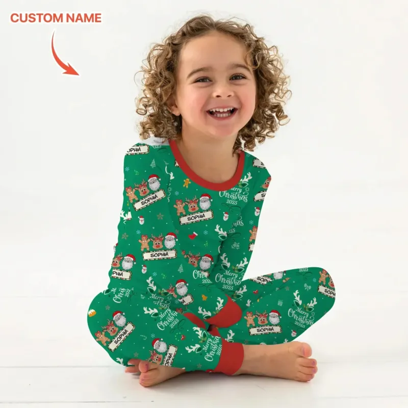 Custom Name "Merry Christmas My Deer" For Girl - Two Piece Long Sleeve Pajama Set , Custom Name "Merry Christmas My Deer" For Girl - Two Piece Long Sleeve Pajama Set - 12-18M