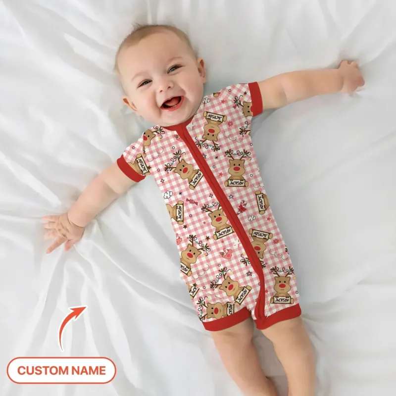 Custom Name Reindeer Gingham Shorty Zippy , Custom Name Reindeer Gingham Shorty Zippy - 0-3M