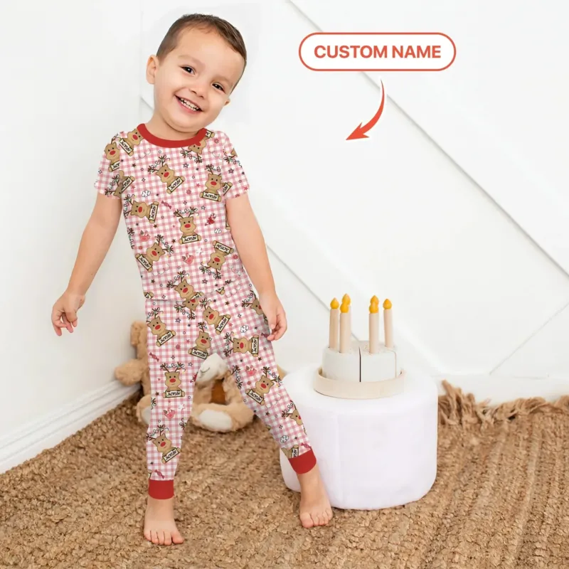 Custom Name Reindeer Gingham Two Piece Short Sleeve Pajama Set , Custom Name Reindeer Gingham Two Piece Short Sleeve Pajama Set - 12-18M
