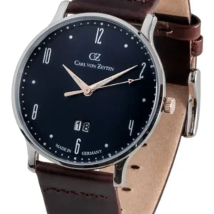 Herrenuhr mit blauem Zifferblatt, braunem Lederarmband und Leuchtzeigern