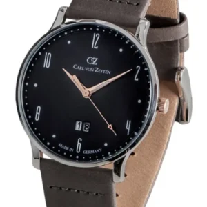 Herrenarmbanduhr mit braunem Lederband, schwarzem Zifferblatt und Datumsanzeige