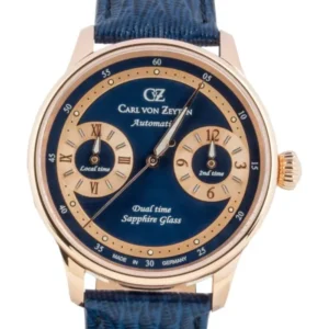 Herrenuhr mit roségoldfarbenem Gehäuse, blauem Zifferblatt und blauem Lederband