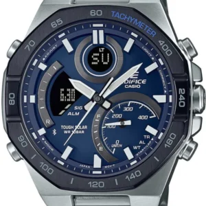 Casio Edifice Herrenuhr mit blauem Zifferblatt, Metallgehäuse und Tachymeter