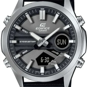 Casio Edifice Herrenuhr mit silbernem Gehäuse, schwarzem Zifferblatt und schwarzem Lederarmband.