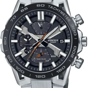 Edifice Herrenuhr mit silbernem Edelstahlband, schwarzem Zifferblatt und orange Akzenten