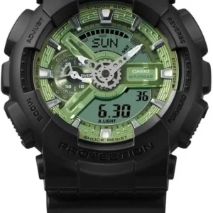 Casio G‑SHOCK Herrenuhr mit schwarzem Armband, schwarzem Gehäuse und grünem Zifferblatt