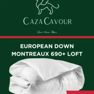 Caza Cavour Montreaux 690+ Loft European Down duvet with 400TC cotton cover, showcasing the plush, high-quality bedding in a cozy setting.