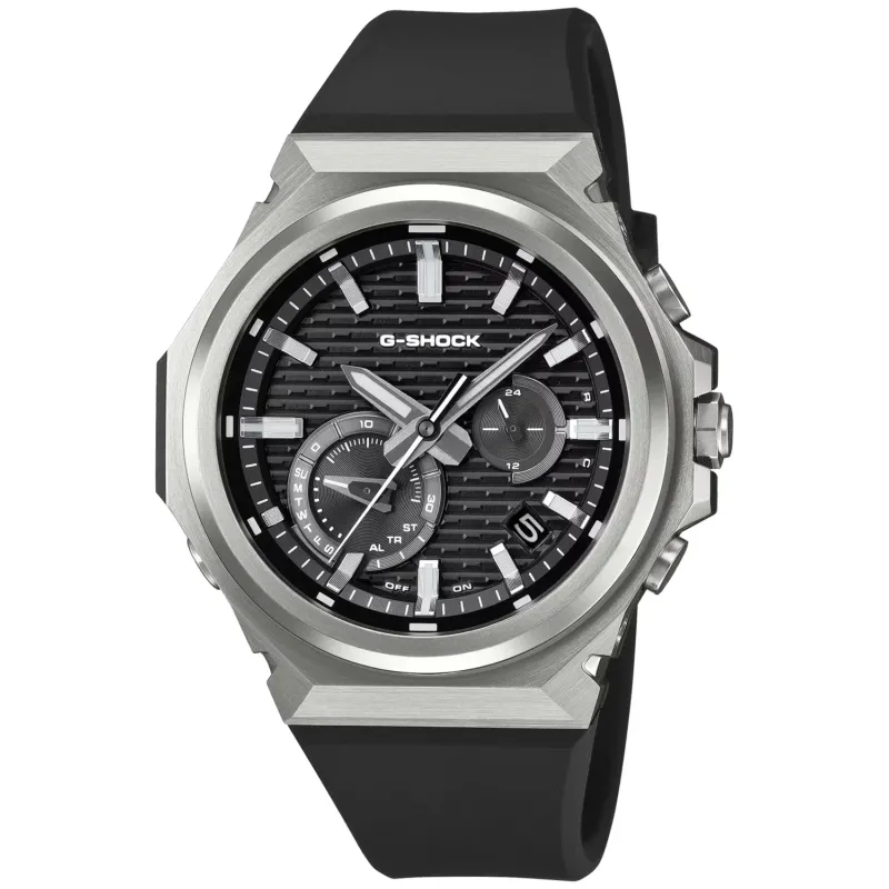 Casio G-STEEL Herrenarmbanduhr mit schwarzem Silikonarmband und silbernem Gehäuse
