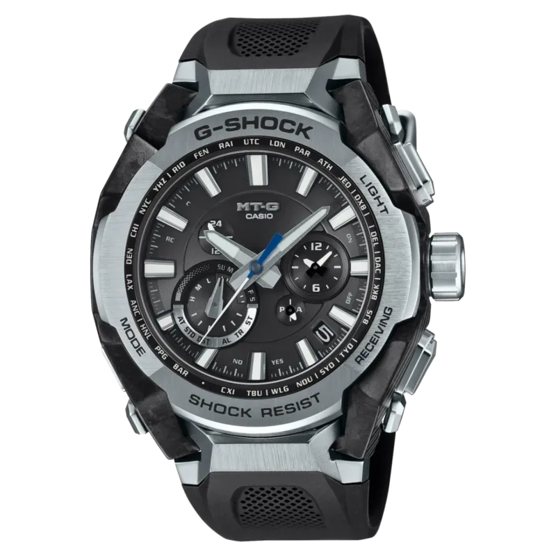 Casio G-Shock Herrenuhr: schwarzes Kautschukband, Metallgehäuse, analoges Zifferblatt.