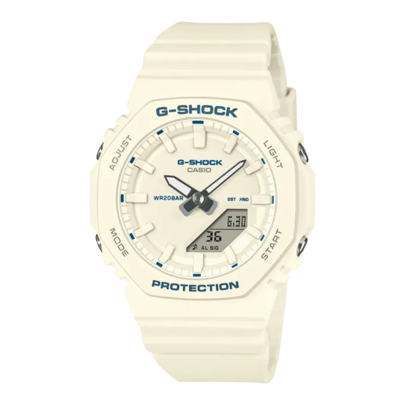 Casio G-Shock Armbanduhr mit weißem Resinarmband und rundem Digital/Analog-Zifferblatt