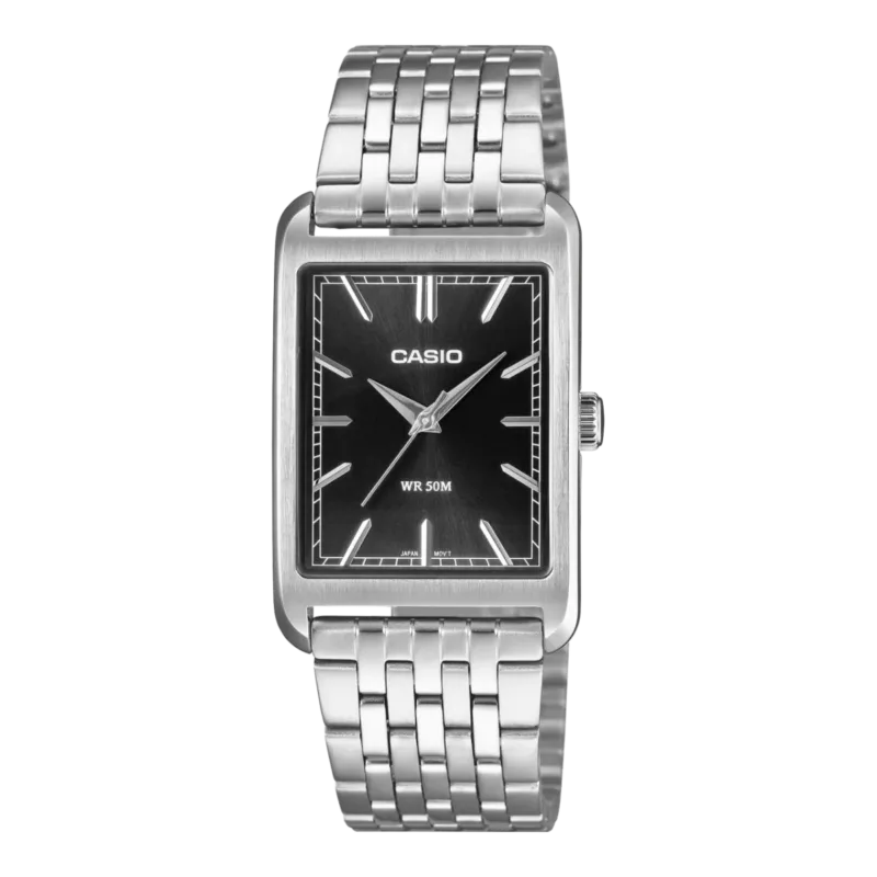Casio Armbanduhr mit schwarzem, rechteckigem Zifferblatt und Edelstahlband