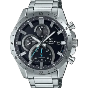 Chronograph-Herrenuhr mit Edelstahlband, schwarzem Zifferblatt und blauen Details