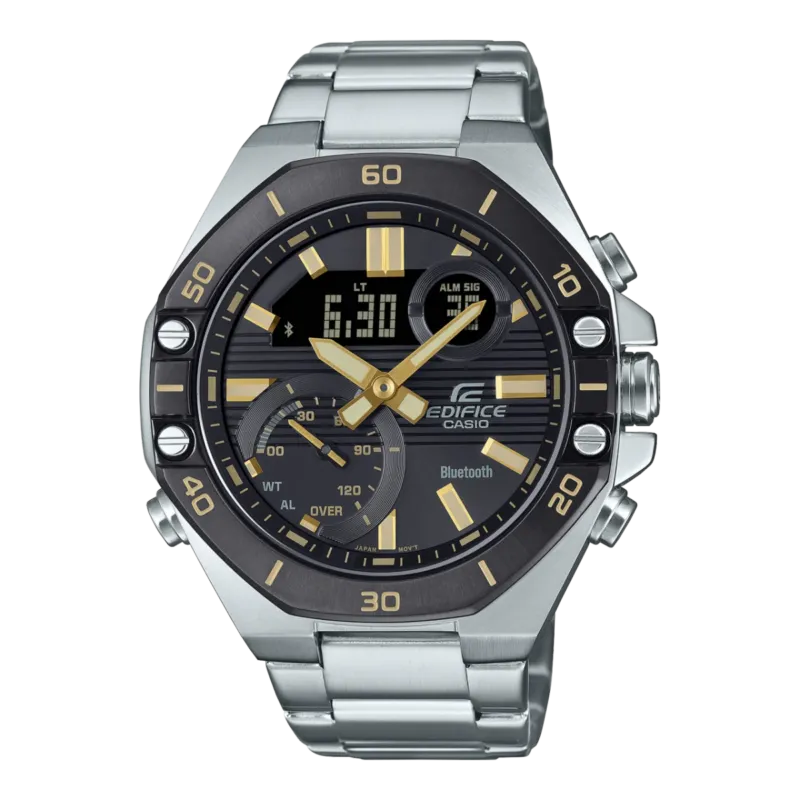 Herrenarmbanduhr mit schwarzem Zifferblatt, goldenen Zeigern, Edelstahlband und Bluetooth-Logo
