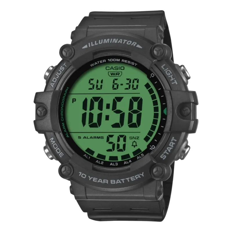 Casio Digitalarmbanduhr, schwarzes Kunststoffgehäuse mit grünem LED-Ziffernblatt