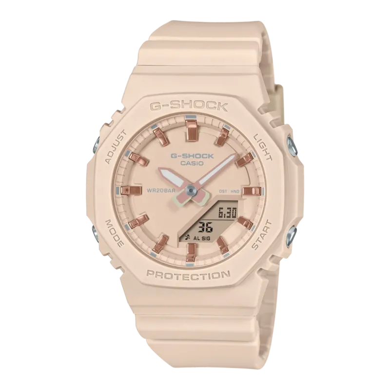Casio G-Shock Damenuhr: cremefarbenes Silikonarmband, Ana-Digi-Display, Schutzgehäuse