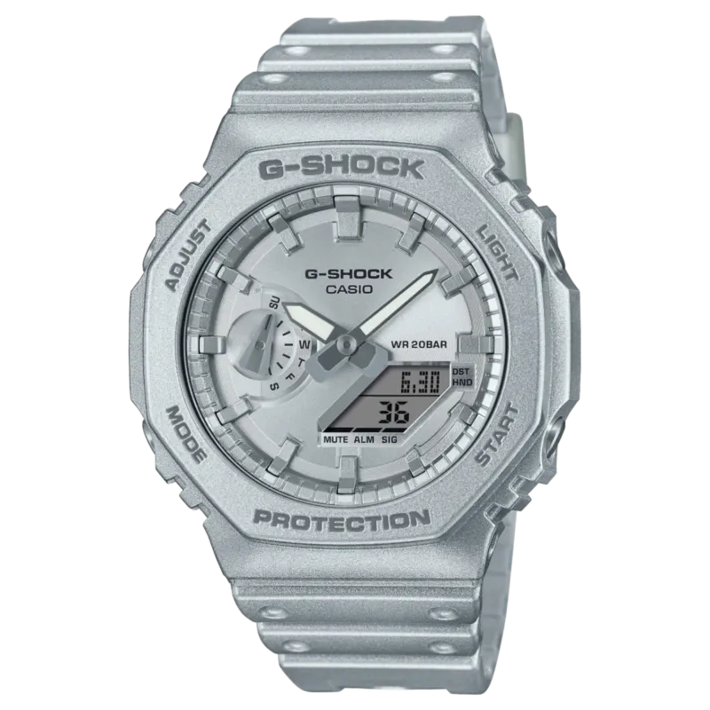 Casio G-Shock GA-2100 Herrenuhr silbermetallic, analoges Zifferblatt mit Digitalanzeige
