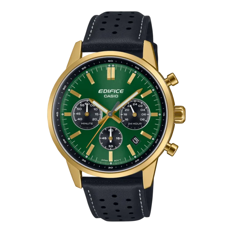 Casio Edifice Chronographenarmbanduhr: grünes Zifferblatt, Lederband, goldfarb. Gehäuse
