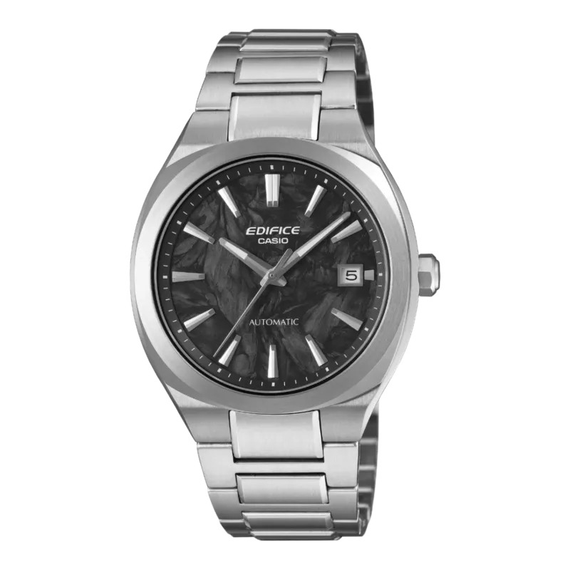 Herren-Automatikuhr von Casio Edifice mit silbernem Edelstahlband und schwarzem Zifferblatt