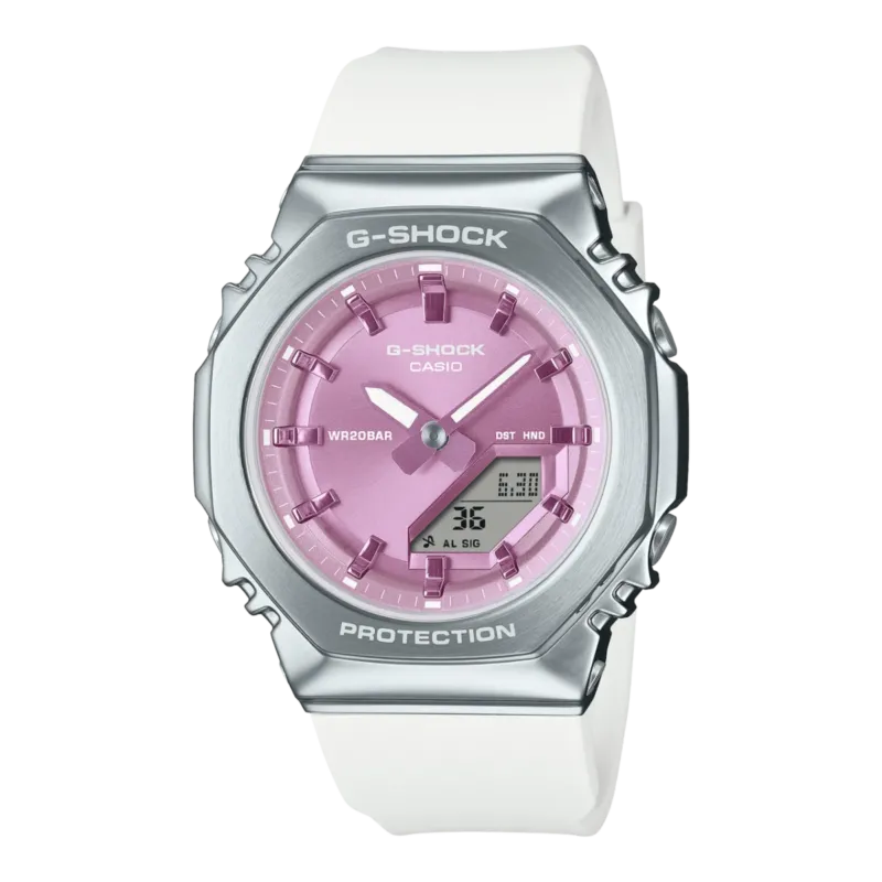 Casio G-Shock GM-S2110 Armbanduhr mit lila Zifferblatt, weißem Armband und Metallgehäuse