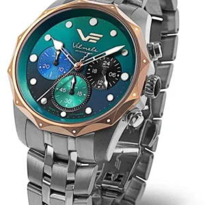 Damenuhr mit grünem Zifferblatt, Chronograph-Subzifferblättern, Edelstahlarmband und Roségold-Lünette