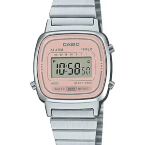 Damenuhr von Casio mit silbernem Metallarmband und rosa Digitalanzeige