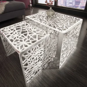 ABSTRACT Handgearbeiteter Couchtisch 49cm 2er Set silber im Gap Design