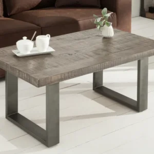 IRON CRAFT Design Couchtisch 100cm Mangoholz grau Industrial Design massiv Eisen Kufengestell