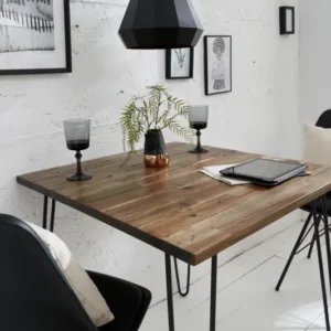 SCORPION Massivholz Esstisch 80cm braun Akazie schwarze Metallbeine Hairpin Legs Retro