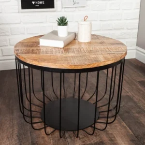 Runder Couchtisch FACTORY LOFT 60cm Mangoholz schwarzes Metallgestell handmade massiv