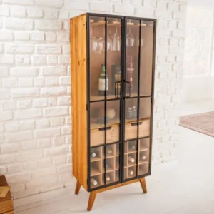 SEVEN SEAS Massive Vitrine 150cm natur Pinie Industrial-Türen Metall Barschrank