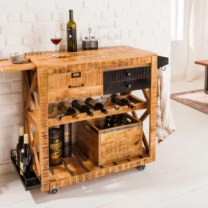 Industrial Barschrank BODEGA 86cm Mangoholz Servierwagen mit Weinregal und Aufhängung