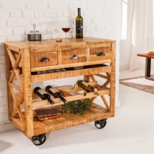 Industrial Barschrank BODEGA 86cm Mangoholz Servierwagen mit Weinregal
