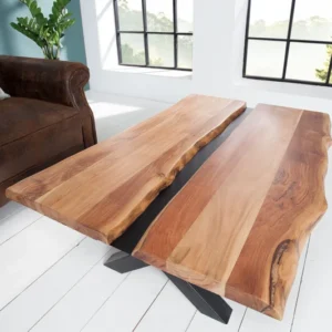 Massivholz Couchtisch AMAZONAS 105cm Akazie schwarzes Metall X-Gestell Baumkante Live Edge