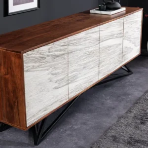 MOUNTAIN SOUL Massivholz Sideboard 175cm echter Naturstein weiß Akazie Marmor-Design