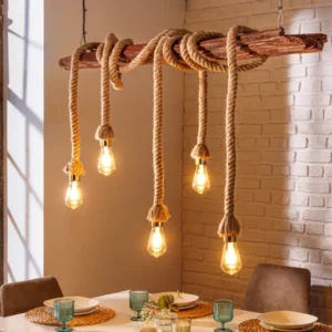Maritime Hängeleuchte SEVEN SEAS 110cm Massivholz Seil Deckenlampe 5 Leuchten