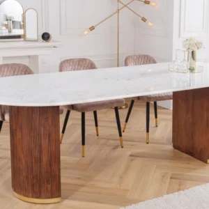 Design Esstisch GATSBY 240cm braun gold Mangoholz oval weiße Marmorplatte