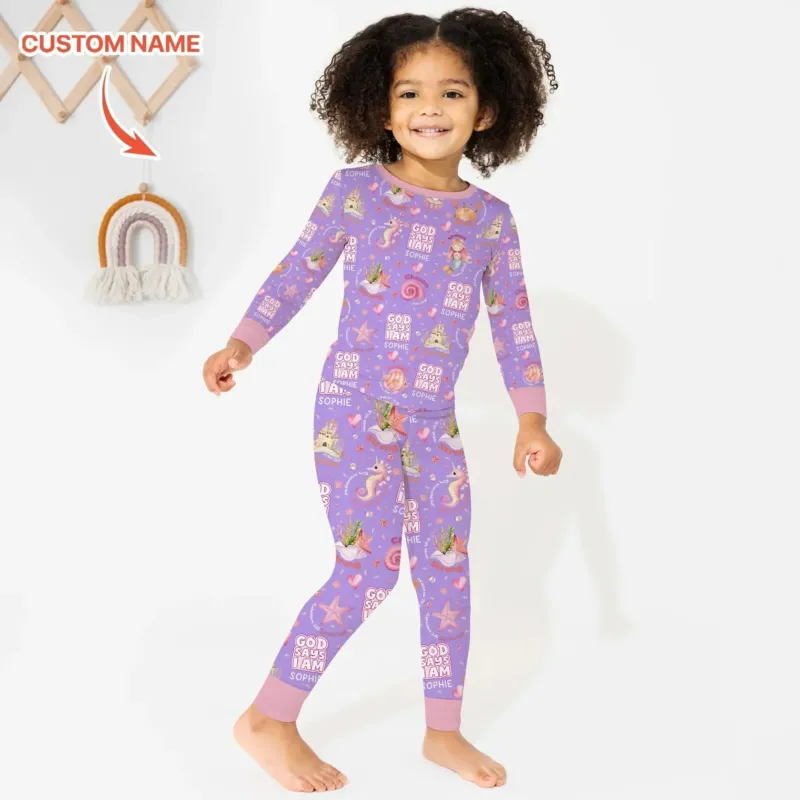 Mermaid God Says I Am Custom Name Two Piece Long Sleeve Pajama Set , Mermaid God Says I Am Custom Name Two Piece Long Sleeve Pajama Set - 12-18M