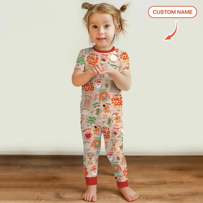 Merry Christmas I Am A Child Of God Custom Name Two Piece Short Sleeve Shorts Pajama Set , Merry Christmas I Am A Child Of God Custom Name Two Piece Short Sleeve Shorts Pajama Set - 12-18M